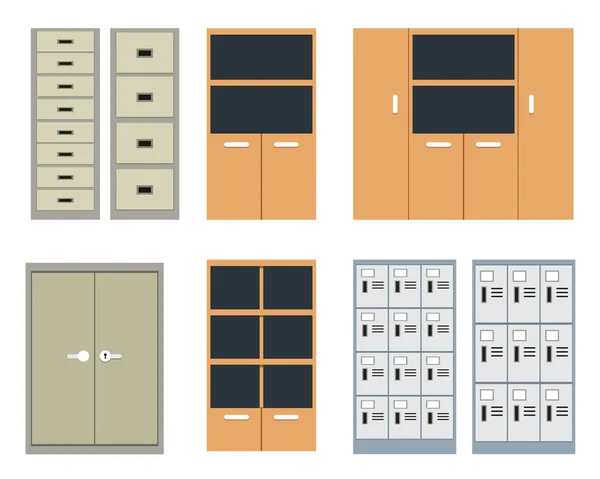 Set di armadietti per ufficio e armadietti in stile piatto — Vettoriale Stock