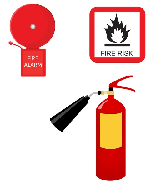Extintor de incêndio, sino de alarme e sinal de risco de incêndio — Fotografia de Stock