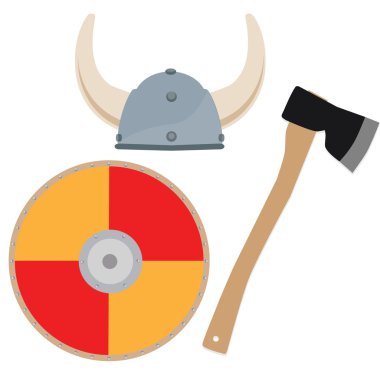Viking şapka, kalkan ve balta