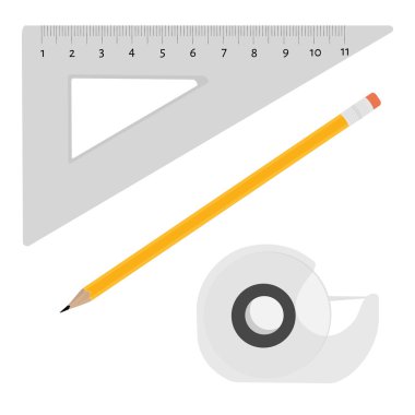 Scotch tape, kalem ve cetvel