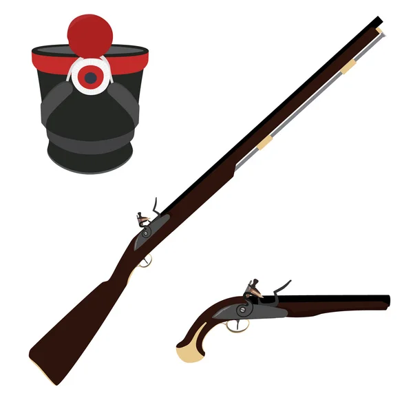 Musket gevär, pistol och hatt — Stock vektor