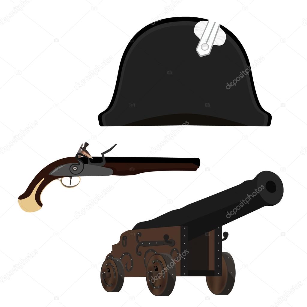 Hat, canon and musket