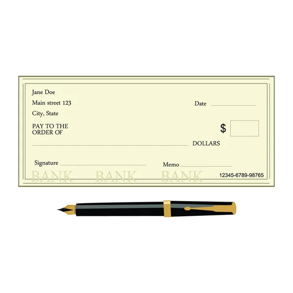 Cheque bancario y pluma — Vector de stock