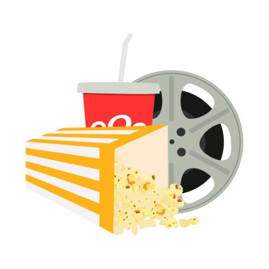 Film zamanı raster illüstrasyonu. Sinema posterinin arka planı. Patlamış mısır, içki ve film şeritli kompozisyon. Sinema tiyatrosu için pankart tasarımı.
