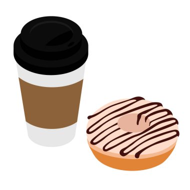 Çörek ve beyaz arka planda izole edilmiş kahveyi kaldırın. Tek kullanımlık kahve fincanı ve tatlı çörek. Isome Manzarası. raster