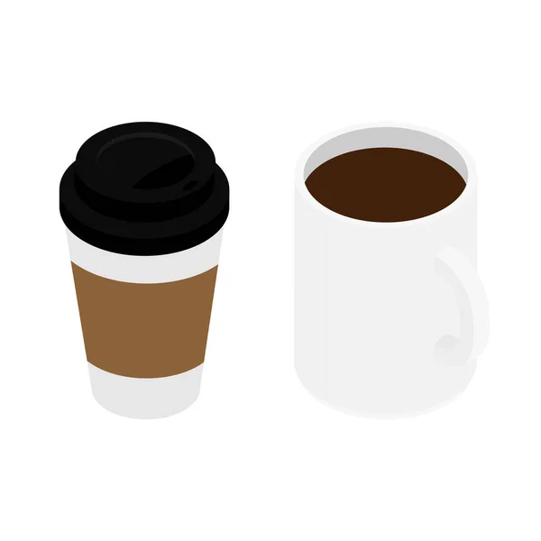 Vit Keramisk Kaffemugg Och Engångskopp Isolerad Vit Raster Isometrisk — Stockfoto