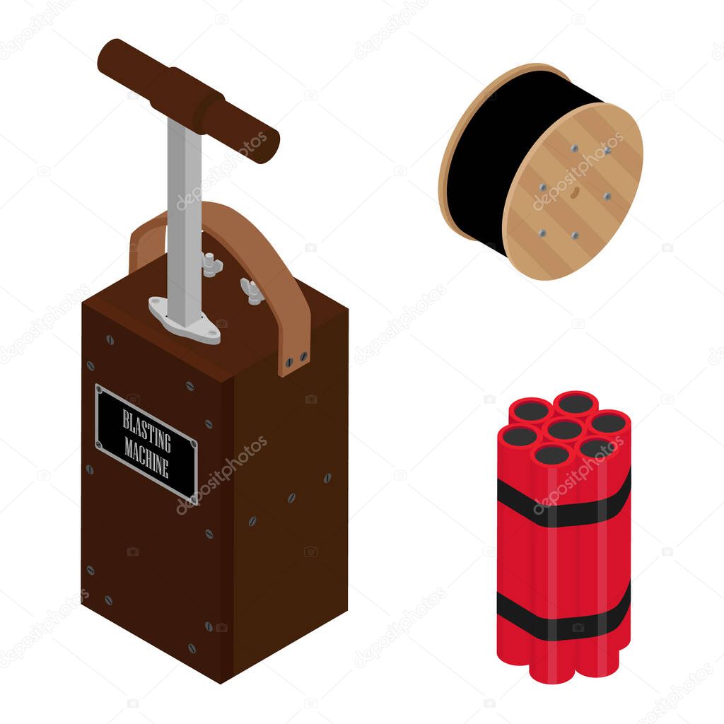 Blasting Machine or detonator box, dynamite sticks and black wire electric cable reel isolated on white background isometric view raster set. Caution explosive.