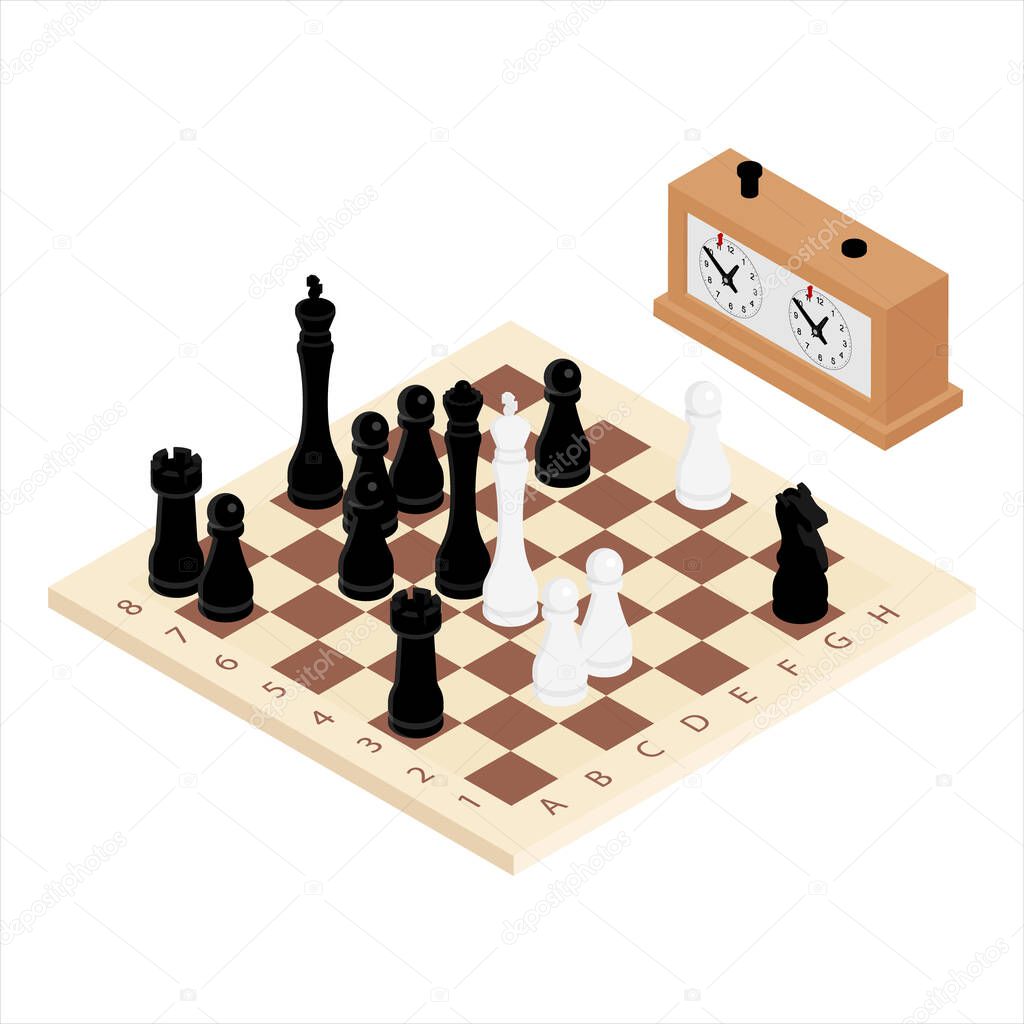 Wooden chess board with chess pieces and chess clock. Isometric view. raster