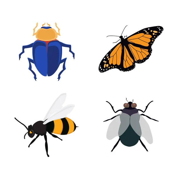 Insect Pictogram Platte Set Collectie Bijen Vliegen Vlinders Scarabee Vector — Stockvector