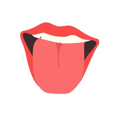 Dil ve pembe rujlu seksi kadın dudakları. Seksi, şehvetli kadınların beyaz arka planda izole edilmiş ağzı. Vektör