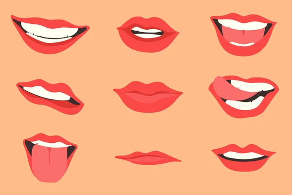 Röda Läppar Kollektion Vektor Illustration Sexig Kvinnas Läppar Som Uttrycker — Stock vektor