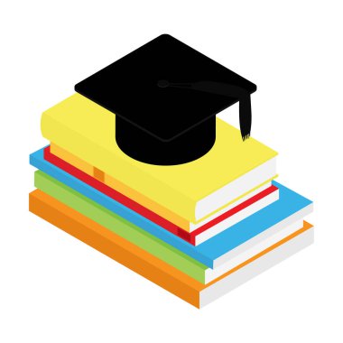 Kitap yığınının izometrik görünümünde mezuniyet siyah şapkası. Raster. Beyaz arkaplanda izole