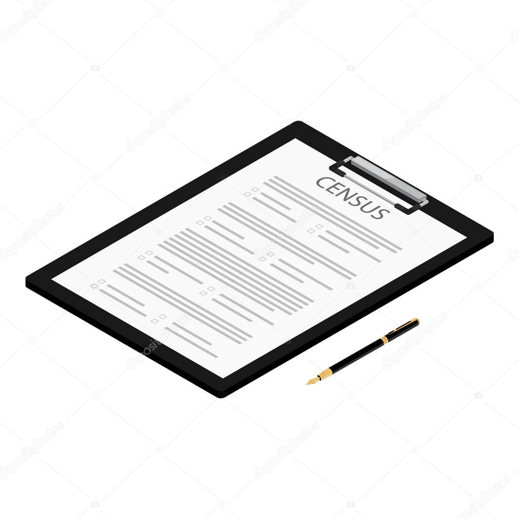 Population census. Census form 2020. Census document form on clipboard and pen