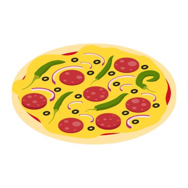 Beyaz üzerine izole edilmiş lezzetli Meksika pizzası. Restoranlar ya da pizzacılar için pizza. Peynirli, biberli, soğanlı ve salamlı lezzetli pizza. Isome Manzarası. raster