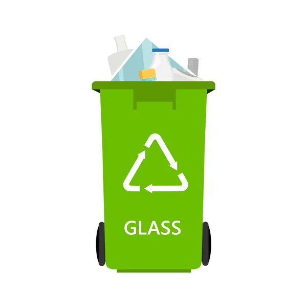 Groen Blik Met Gesorteerd Glas Vuilnisbak Icoon Recycling Afvalscheiding Gerecycleerd — Stockfoto