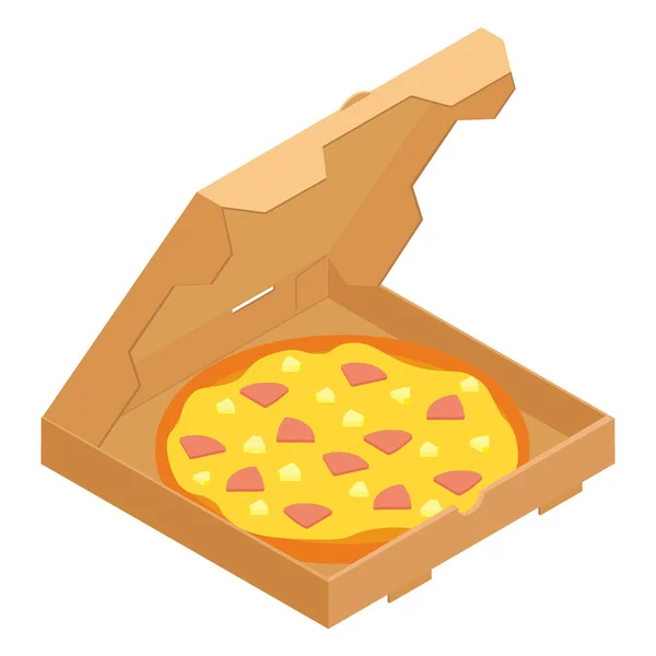 夏威夷披萨放在纸板箱里 供餐馆或比萨店送货用 味道鲜美的比萨饼加奶酪 熟火腿 菠萝和熏肉 — 图库照片