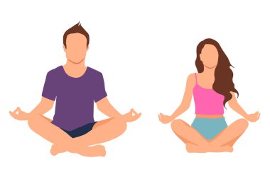 Sakin bir çift evde lotus poz verirken meditasyon yapıyor. Yoga konsepti.