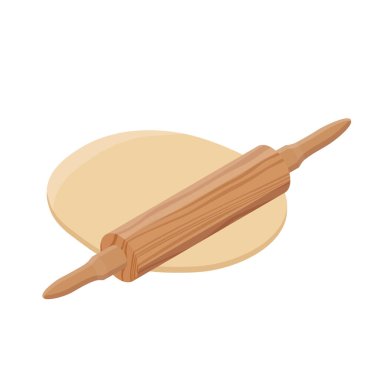 Hamur, merdane ve un izometrik görünüm. raster hamur merdanesi merdane, fırın ve pastane ile yoğurma veya fırın, buğday ve çavdar ekmeği pişirme