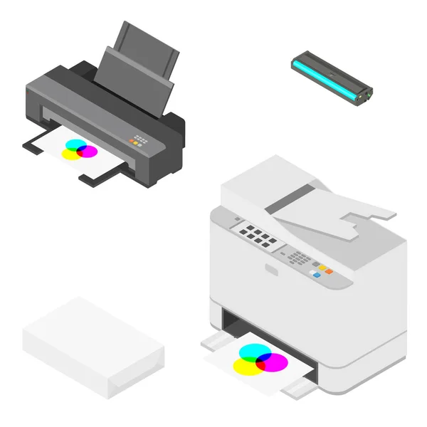 Printer, paper and cartridges isometric view. raster