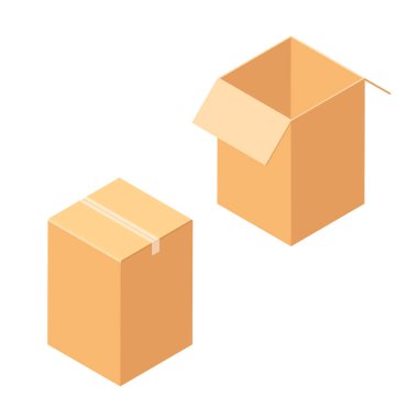 Karton kutuyu aç ve kapat. Beyaz bir arka planda izole edilmiş. Vektör çizimi. İzometrik görünüm