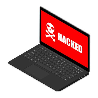 Ekranda kafatası olan bir laptop. Virüs, korsanlık, hackleme ve güvenlik kavramı. Isome Manzarası. Vektör