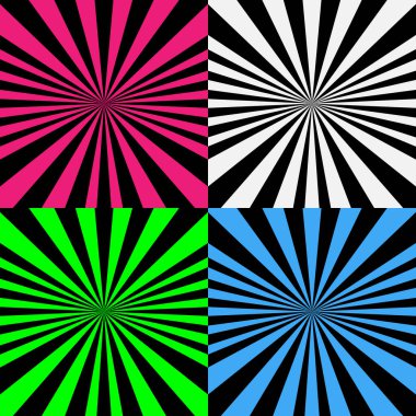 Radyal ışınları, komik efektleri ve girdap arkaplanı olan vektör illüstrasyon psikedelik spiral seti. Hipnotik spiral