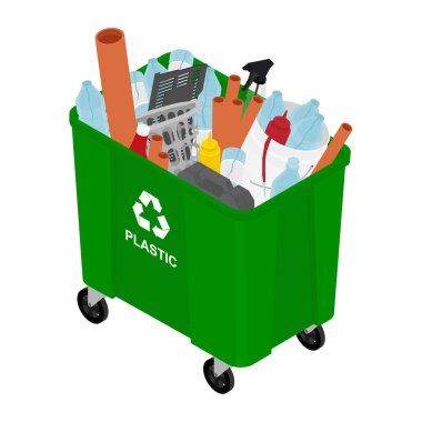 Plastik çöp taşıyıcı ikonu olan yeşil çöp kutusu. Çöp ayrıştırma beyaz arka planda izole edildi. Geri dönüşüm konsepti - plastik atık dolu bir çöp kutusu