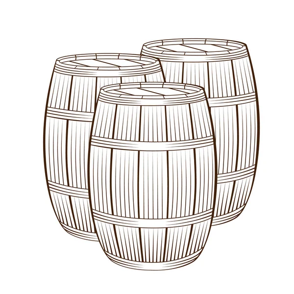 Tres Barriles Madera Para Vino Otros Alcoholes Barriles Madera Dibujados — Vector de stock