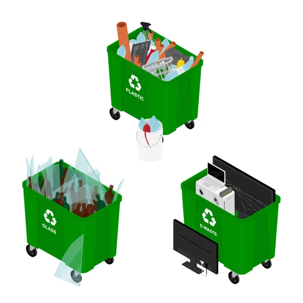 Mülltonnen Voller Sortierter Abfallvektorsymbole Recycling Mülltrennung Sammlung Isometrische Sicht Vektor — Stockvektor