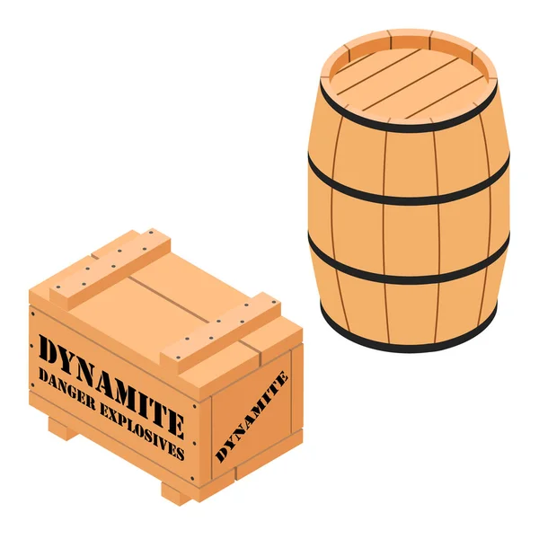 危険爆発物ダイナマイト木製ボックスとバレルアイソレット上の白い背景アイソメトリックビュー — ストックベクタ