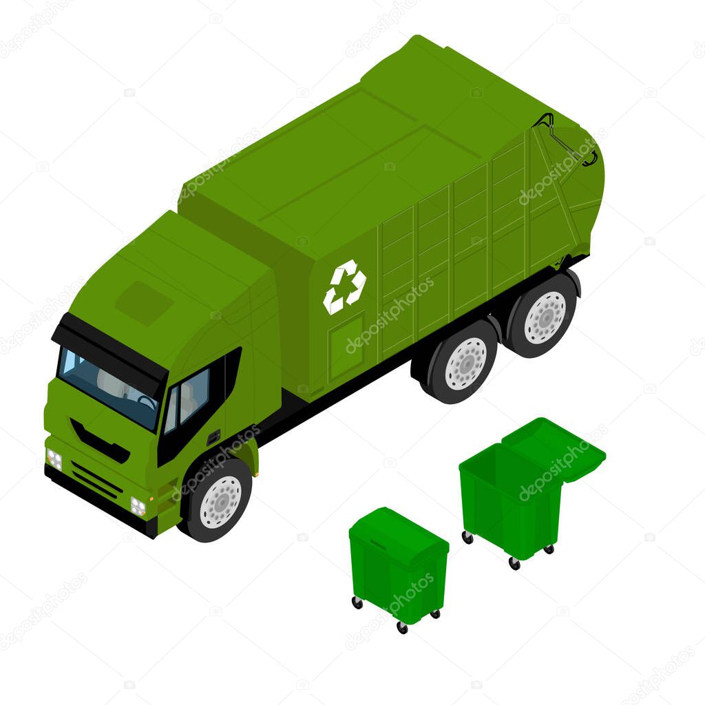 Garbage truck and green plastic container isolated on white background. Vehicle for waste. Isometric view. Vector