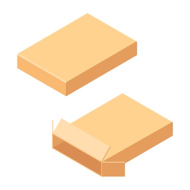 Karton kutuyu aç ve kapat. Beyaz bir arka planda izole edilmiş. Vektör çizimi. İzometrik görünüm