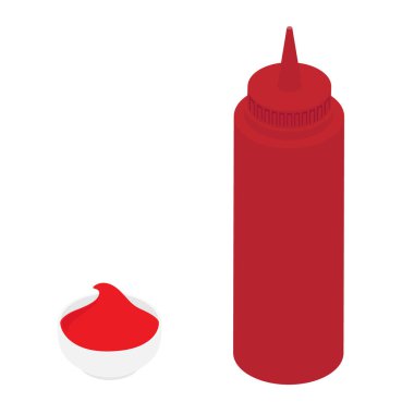 Beyaz arka planda izole edilmiş bir kaseye ketçap şişesi ve domates ketçapı sıkıştır. Domates ketçap sosu. Isome Manzarası. Vektör