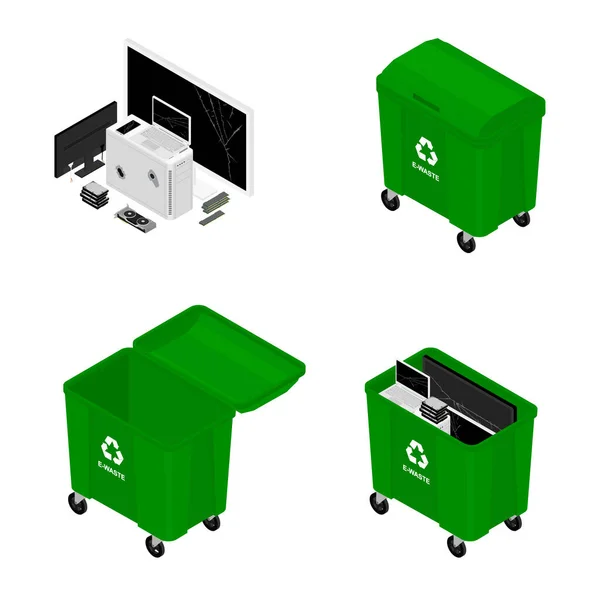 電子廃棄物のためのグリーンリサイクルガベージコンテナ缶 ゴミの分別のリサイクル ソートされた電子ゴミベクトルアイコン 電子廃棄物 — ストックベクタ