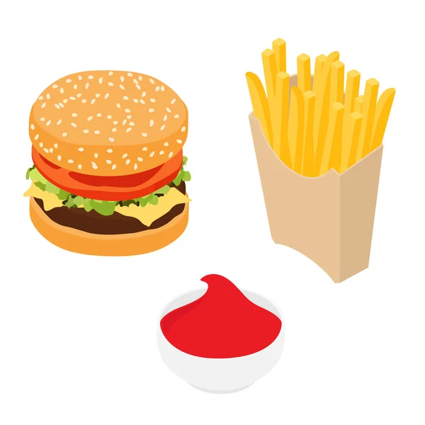 Burger Sült Krumpli Paradicsom Ketchup Egy Tálban Fehér Alapon Elkülönítve — Stock Vector