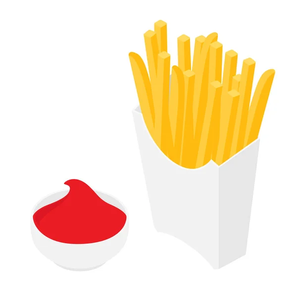 French Fries White Paper Box Cup Ketchup White Background Isometric — Stock Vector