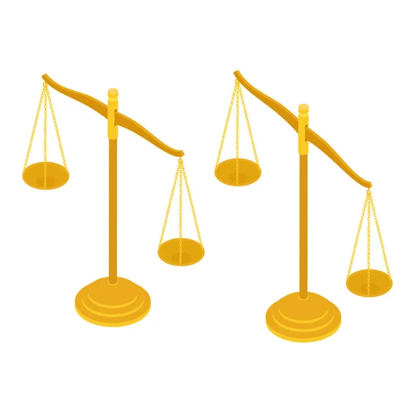 Váha Zlaté Mosazi Izolované Bílém Pozadí Znamení Spravedlnosti Právníku Izometrický — Stockový vektor
