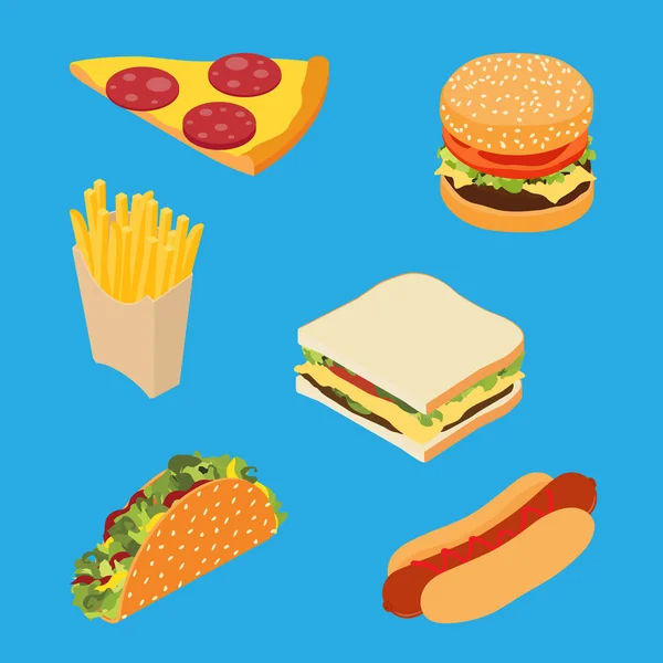 Sada Fast Food Hranolky Hotdog Sendvič Hamburger Nebo Cheeseburger Plátek — Stockový vektor