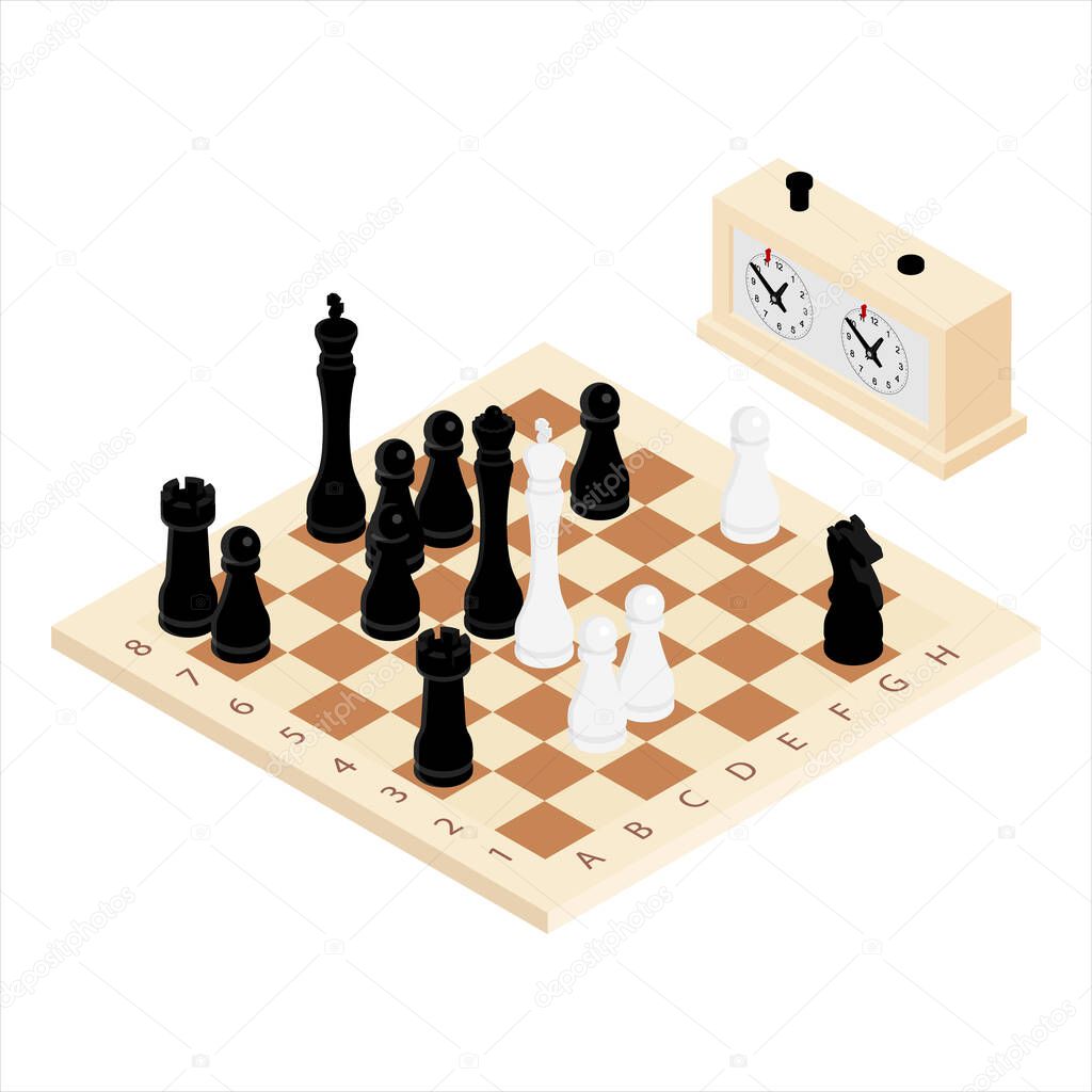 Chess game black and white on wooden board. Competition success play. Strategy, management or leadership concept. Isometric view. Vector