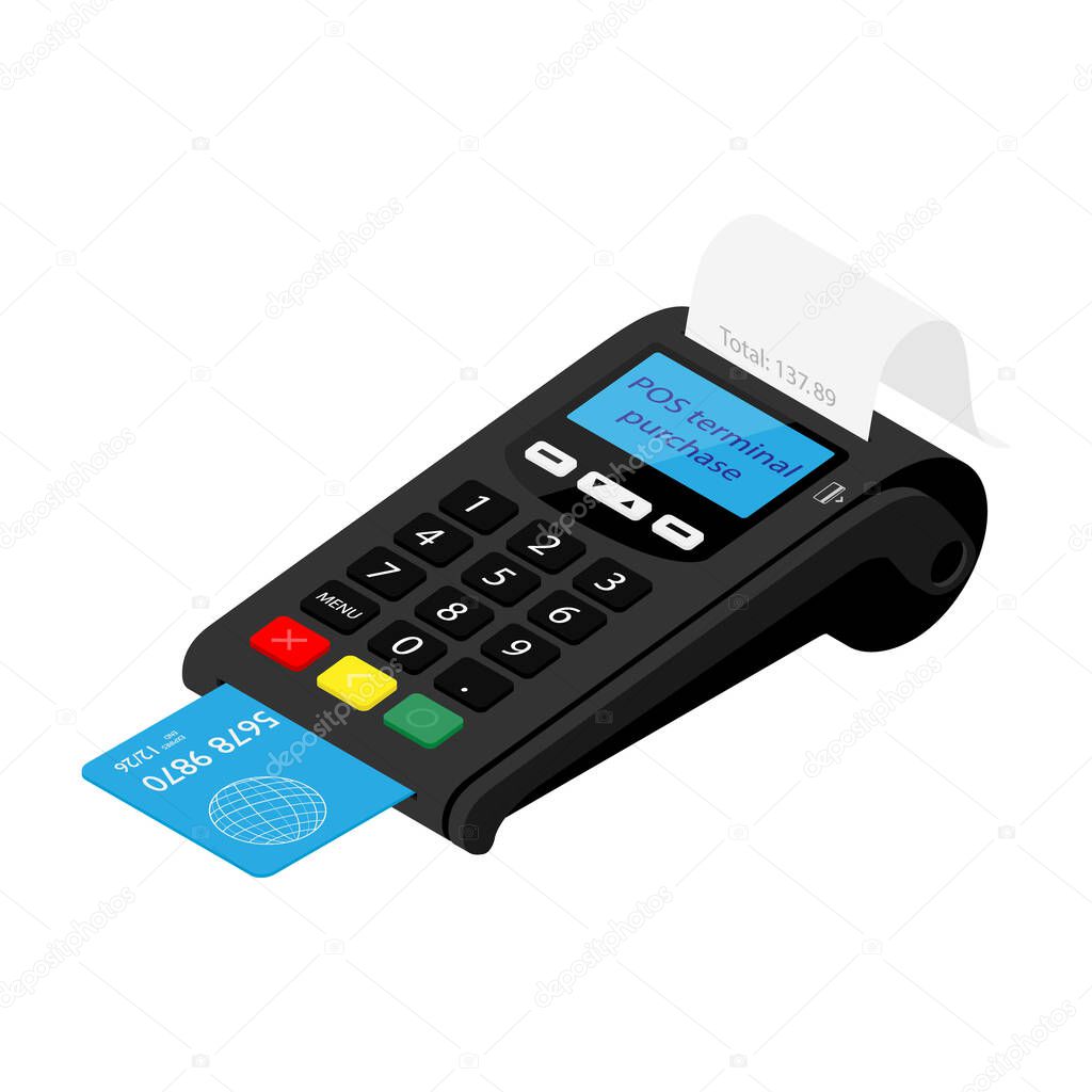 POS Terminal payment machine and bank credit card isolated on white background. Bank Payment Terminal. Processing NFC payments device. Isometric view