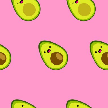 Kusursuz desenli, pembe arka planda gülümseyen bir çizgi film karakteri. Tropik soyut arka plan. raster