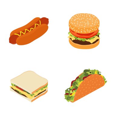 Fast food seti: sosisli sandviç, hamburger veya çizburger ve beyaz arka planda izole edilmiş geleneksel Meksika fast food taco 'su. Isome Manzarası. raster