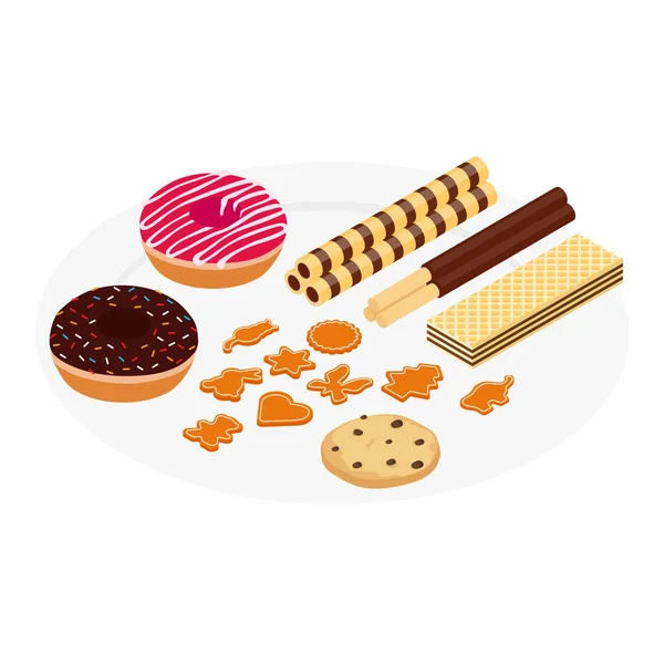 Eine Auswahl Bunten Festlichen Süßigkeiten Donut Schokoriegel Plätzchen Und Waffeln — Stockfoto