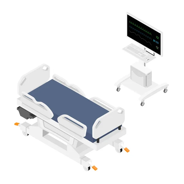 白い背景に隔離された患者のアイソメトリックビューのためのモバイル病院のベッドとバイタルサインモニター — ストック写真