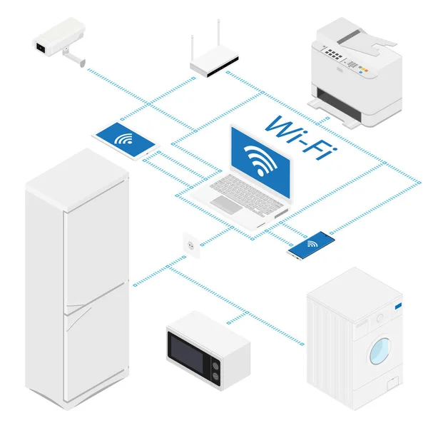 Internet of things layout. IOT online synchronization and connection via smartphone wireless technology. Smart concept with isometric icons and symbols. raster