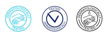 Dermatolojik olarak test edilmiş su damlası, işaret ve el logosu olan raster etiketi. Dermatoloji testi ve dermatolog alerji içermeyen ve sağlıklı ürün etiketi için klinik olarak kanıtlanmış bir ikon.