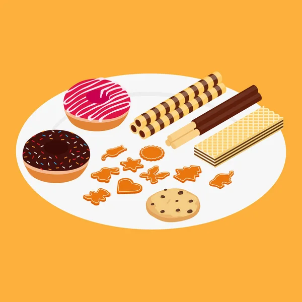 Uma Variedade Doces Coloridos Festivos Donut Morango Biscoitos Chocolate Bolacha — Fotografia de Stock
