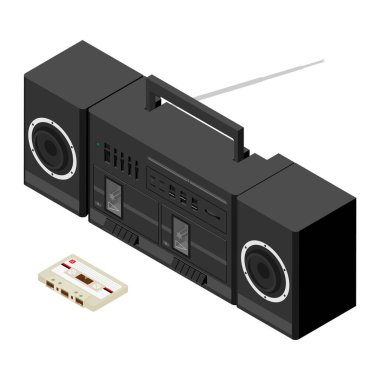 Retro kasetçalar. Klasik kaset çalar, eski ses kaydedici ve ses kasetleri. Stereo akustik DJ, analog pop müzik çalar. İzole vektör illüstrasyon simgeleri ayarlandı