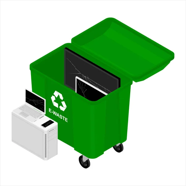 Elektronický Odpad Zeleném Kontejneru Odpadky Recyklace Odpadků Řazená Ikona Elektronického — Stockový vektor
