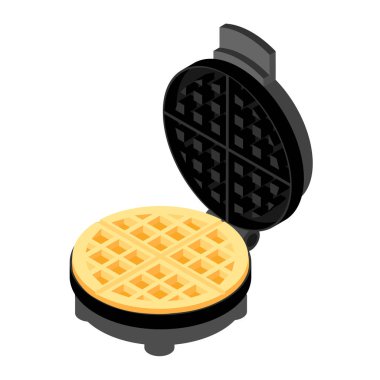 Taze waffle ve waffle makinesi beyaz arka plan izometrik görüntüde izole edildi. Vektör